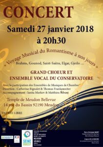 Samedi 27 janvier 2018 à 20 h 30 au Temple de MEUDON « Voyage musical du Romantisme à nos jours » :